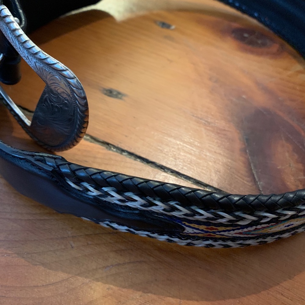 Vintage Tony Lama Leather & Silver Needlework Belt - Picture 1 of 8